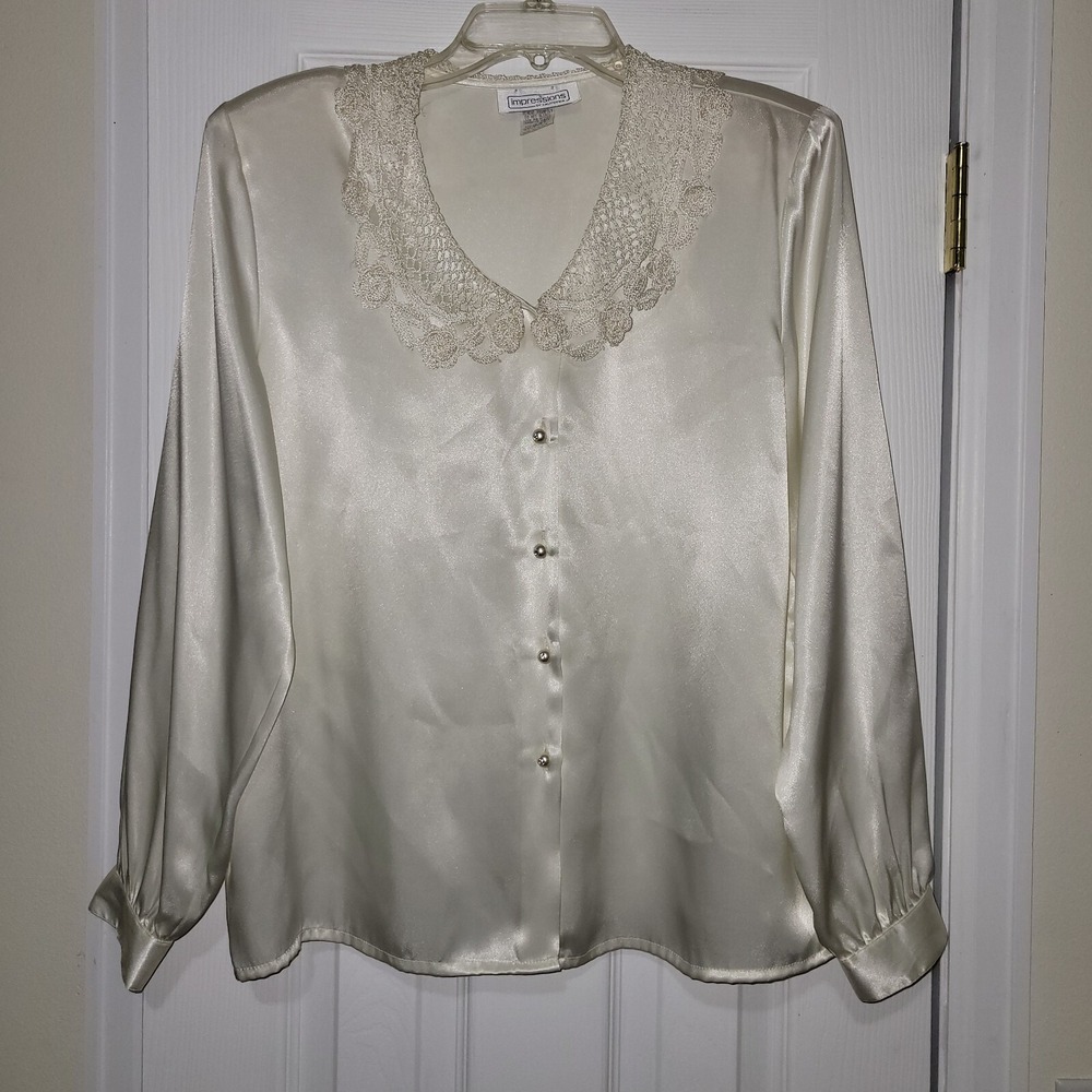 Impressions Of California Sz 12 Blouse Satin Cream Crochet Collar Longsleeve VTG